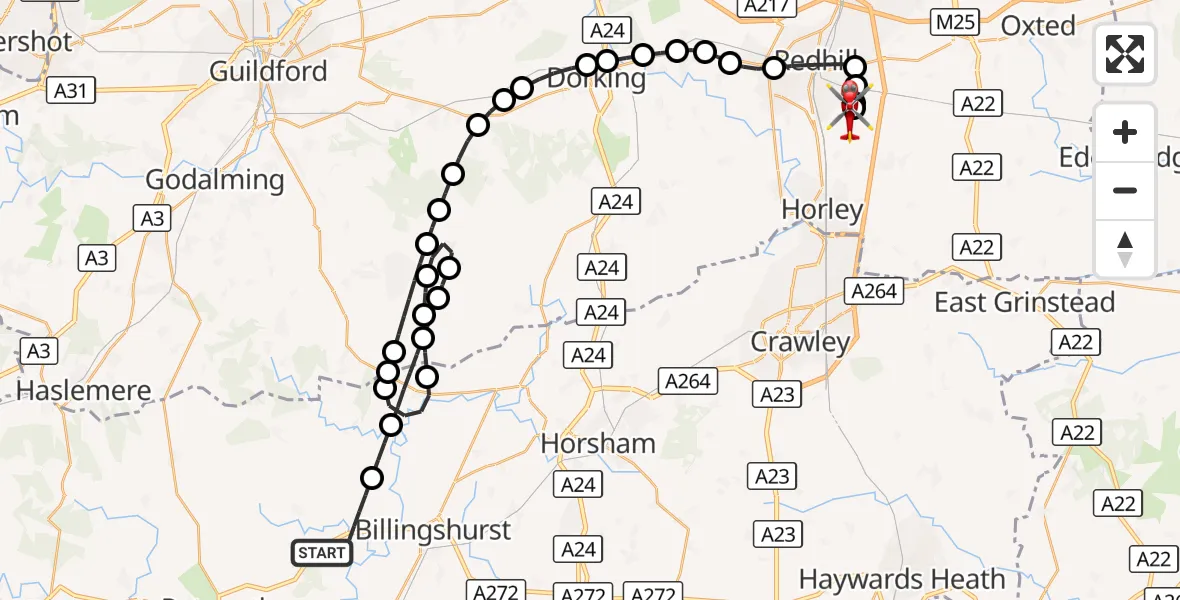 Flight route Air Ambulance Helicopter Wisborough Green - Redhill Aerodrome, 26 September 2026, 14:08