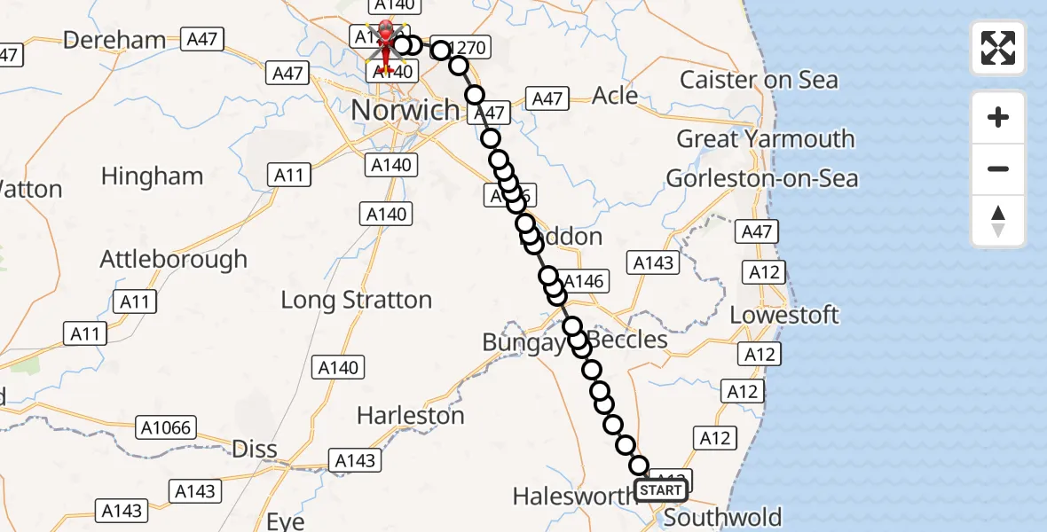 Flight route Air Ambulance Helicopter East Suffolk - Norwich Airport, 26 September 2026, 14:17