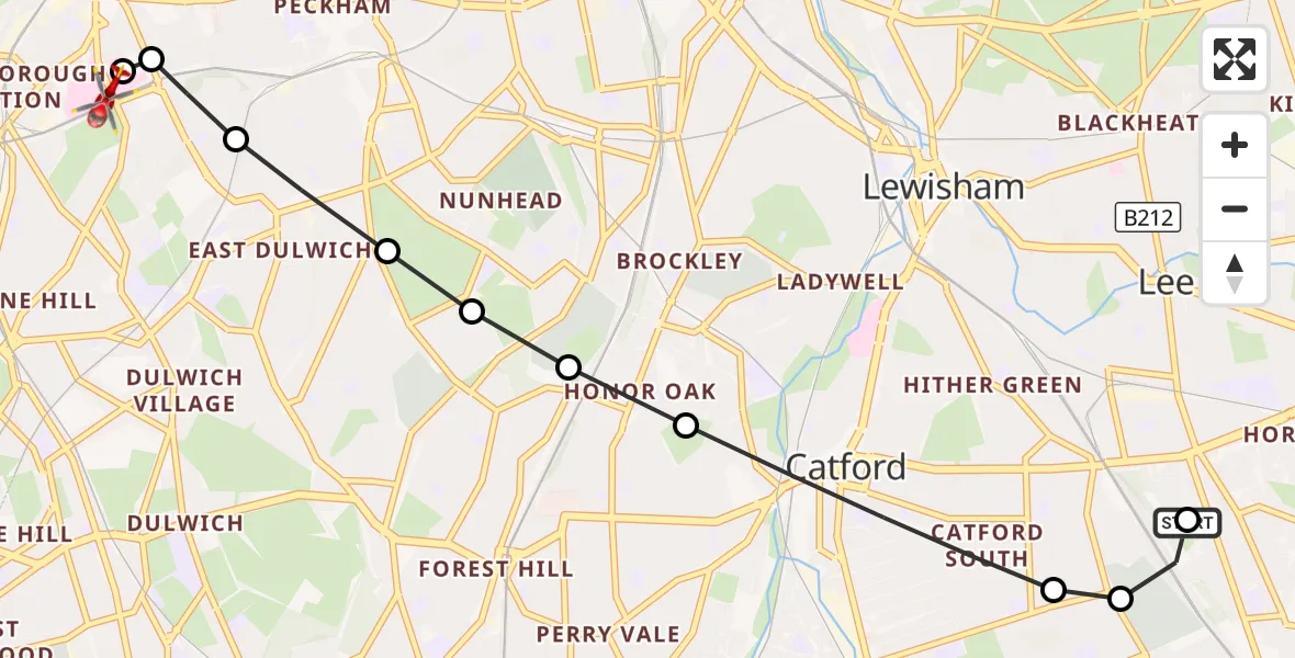 Flight route Air Ambulance Helicopter Catford South - Kings College London Hospital, 26 September 2026, 14:31