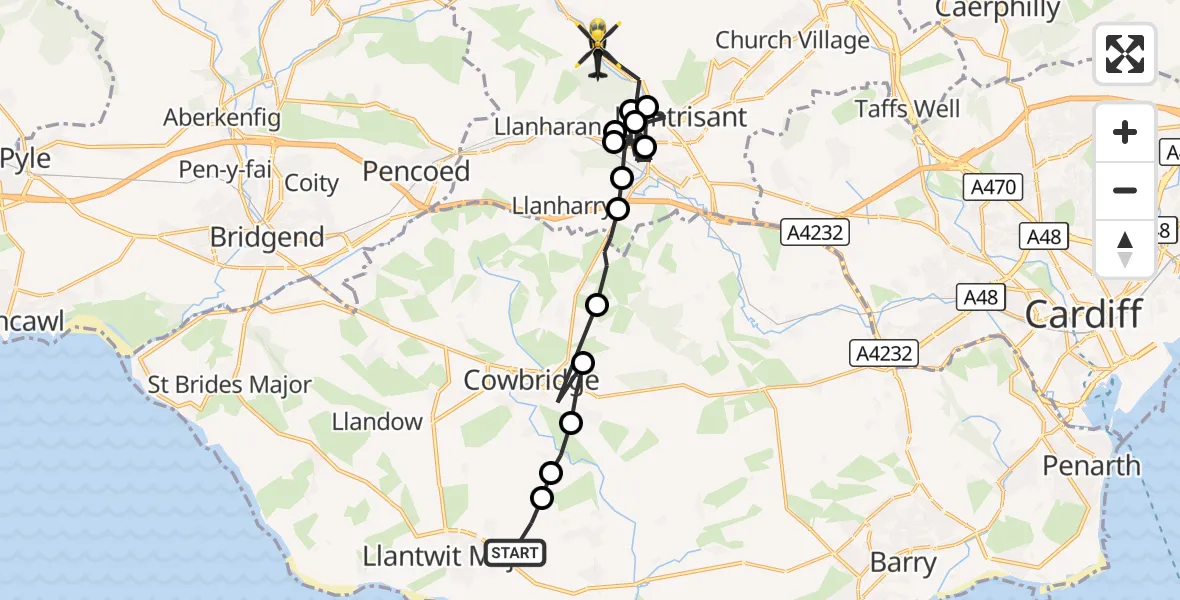 Flight route Police Helicopter Boverton - Tonyrefail, 26 September 2026, 14:43