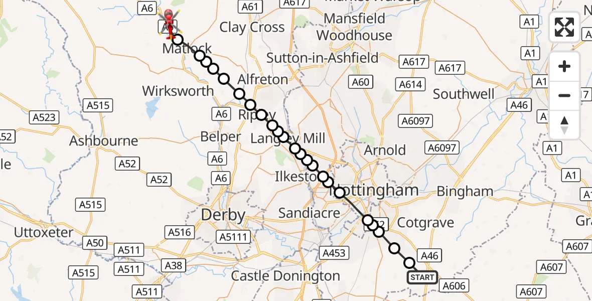 Flight route Air Ambulance Helicopter Widmerpool - Darley Dale, 26 September 2026, 14:43