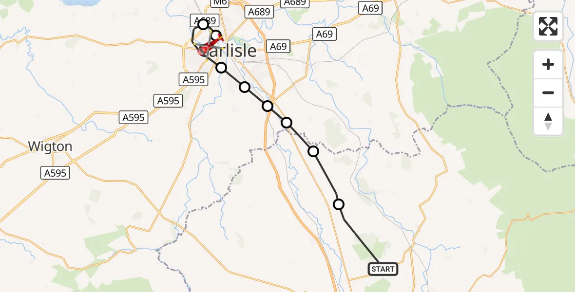 Flight route Air Ambulance Helicopter Lazonby - Carlisle, 26 September 2026, 14:43