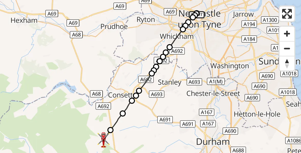 Flight route Air Ambulance Helicopter Newcastle Royal Victoria Infirmary - Satley, 26 September 2026, 14:49