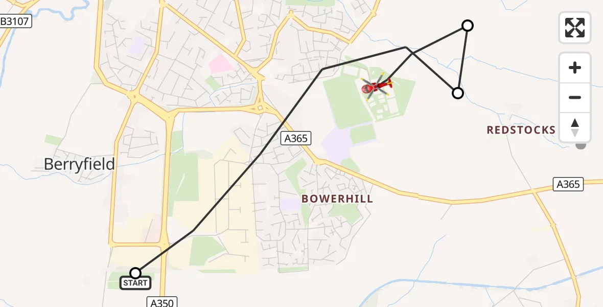 Flight route Air Ambulance Helicopter Wiltshire Air Ambulance - Melksham, 26 September 2026, 14:59