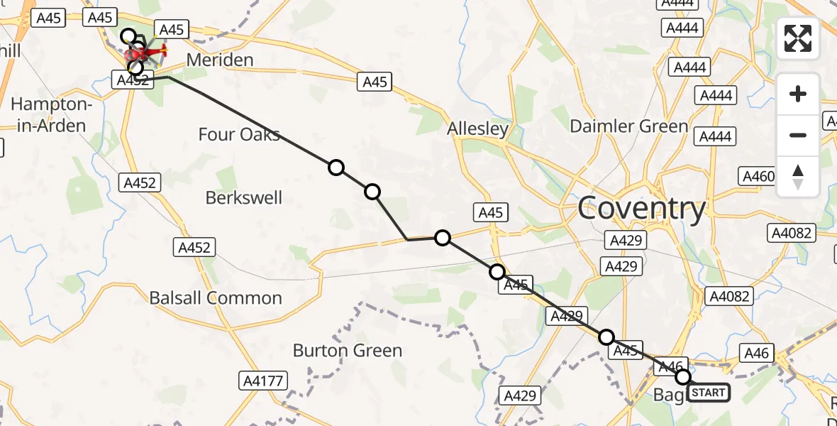 Flight route Air Ambulance Helicopter Coventry Airport - Solihull, 26 September 2026, 15:11