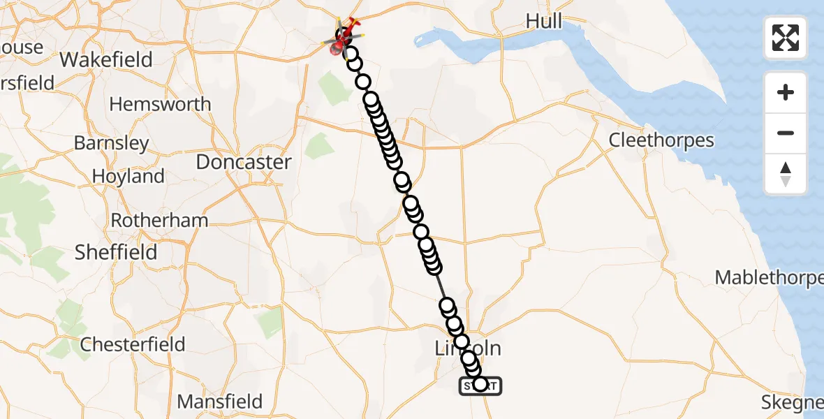 Flight route Air Ambulance Helicopter RAF Waddington - Hook, 26 September 2026, 15:15