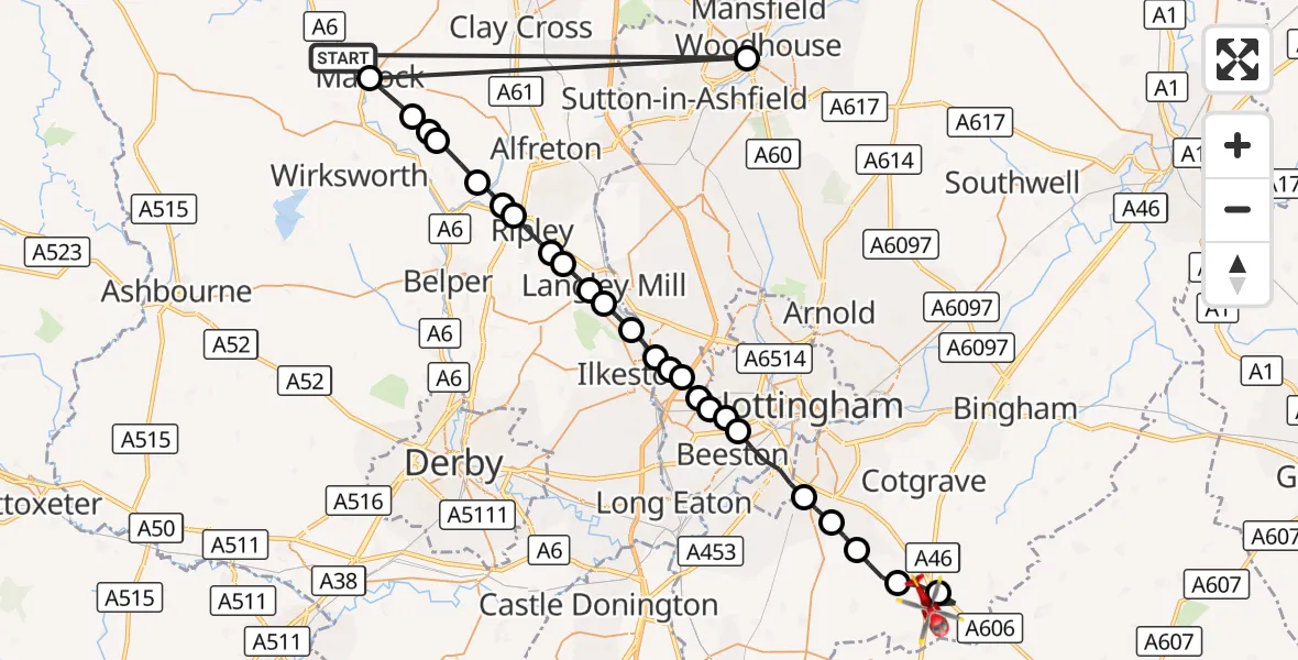 Flight route Air Ambulance Helicopter Darley Dale - Nottingham Heliport, 26 September 2026, 15:16