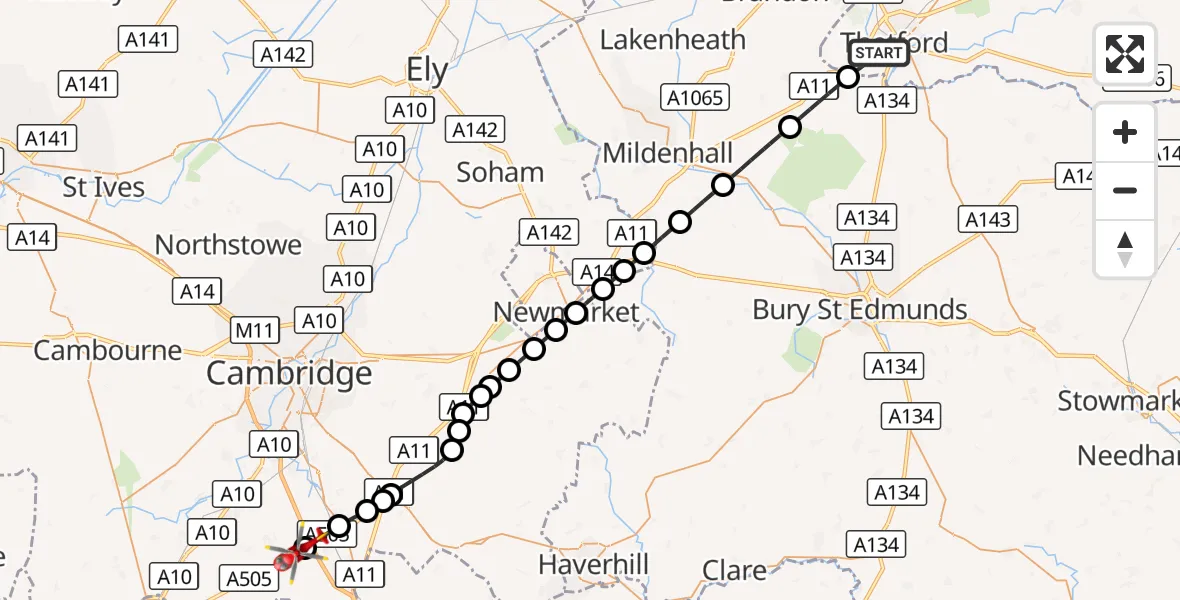Flight route Air Ambulance Helicopter Thetford - Duxford Aerodrome, 26 September 2026, 15:23