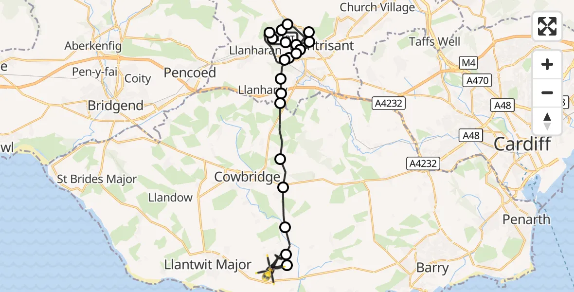 Flight route Police Helicopter Llanharan - MOD St Athan, 26 September 2026, 15:25