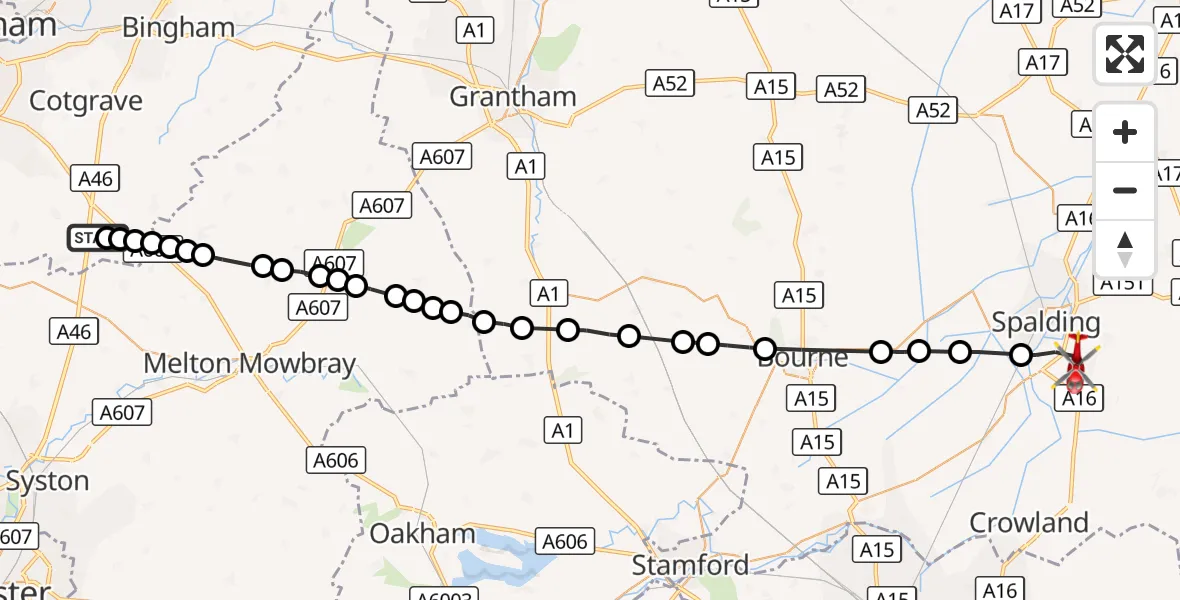 Flight route Air Ambulance Helicopter Rushcliffe - Spalding, 26 September 2026, 15:33