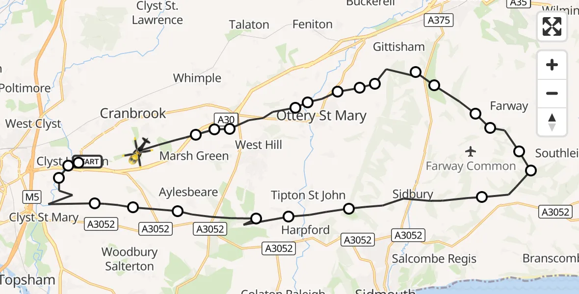 Flight route Police Helicopter Exeter International Airport - Rockbeare, 26 September 2026, 15:38