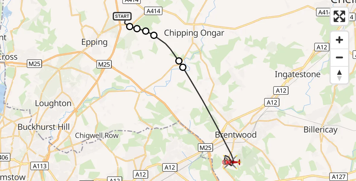 Flight route Air Ambulance Helicopter North Weald Airfield - Brentwood, 26 September 2026, 15:40