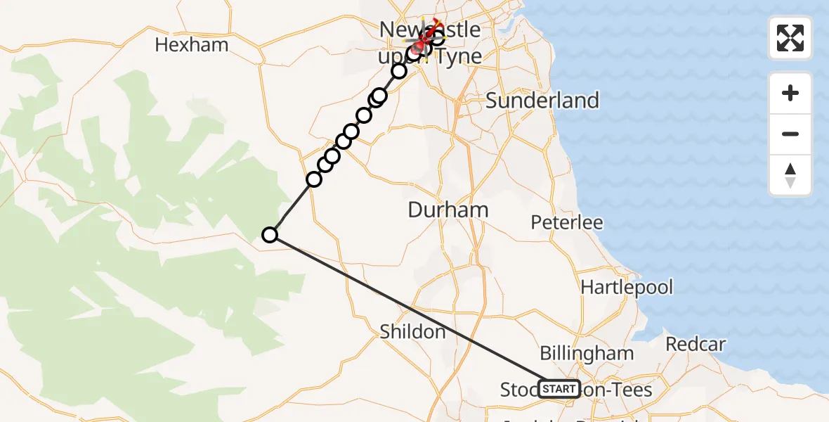 Flight route Air Ambulance Helicopter Stockton-on-Tees - Newcastle Royal Victoria Infirmary, 26 September 2026, 15:40