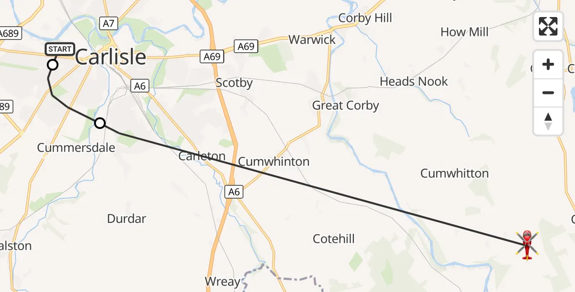Flight route Air Ambulance Helicopter Carlisle General - Cumwhitton, 26 September 2026, 15:43