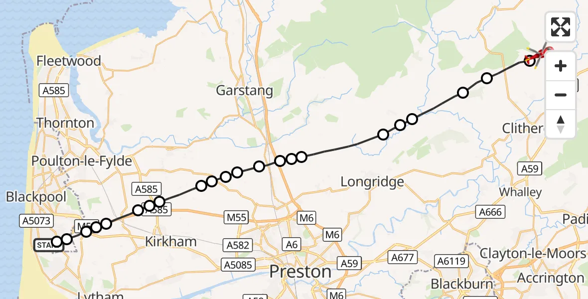 Flight route Air Ambulance Helicopter Blackpool Airport - Ribble Valley, 26 September 2026, 15:51
