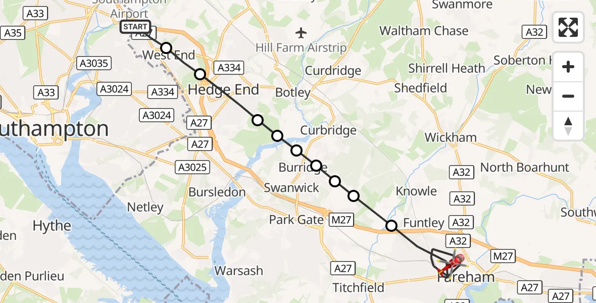 Flight route Air Ambulance Helicopter West End - Fareham, 26 September 2026, 15:51