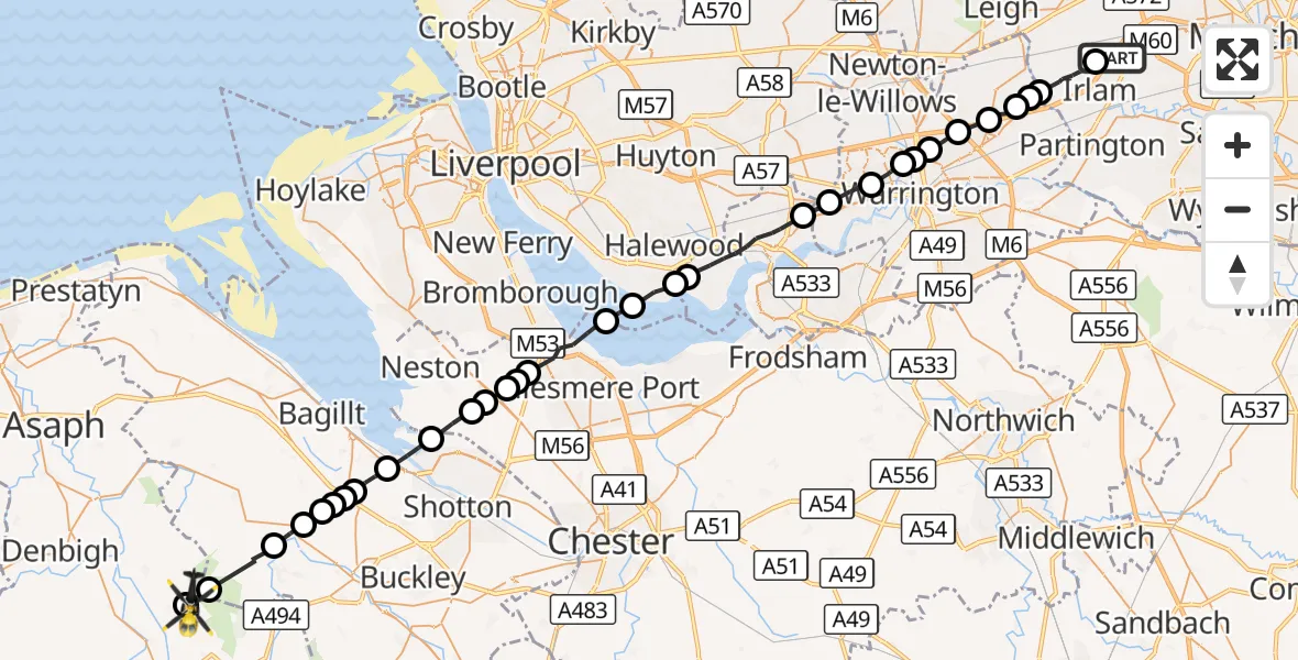 Flight route Police Helicopter Irlam - Gellifor, 26 September 2026, 15:58