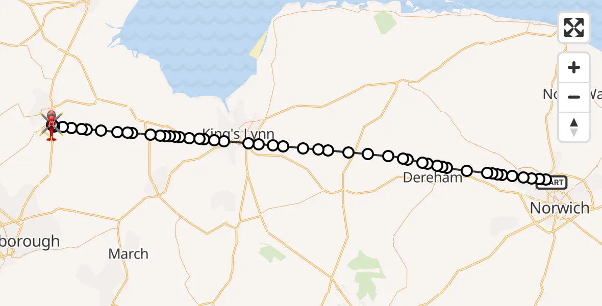 Flight route Air Ambulance Helicopter Norwich Airport - Spalding, 26 September 2026, 16:05