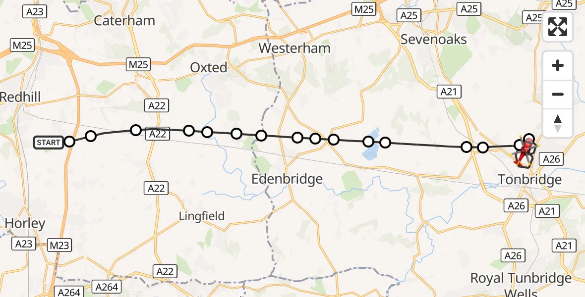 Flight route Air Ambulance Helicopter Redhill Aerodrome - Tonbridge, 26 September 2026, 16:05