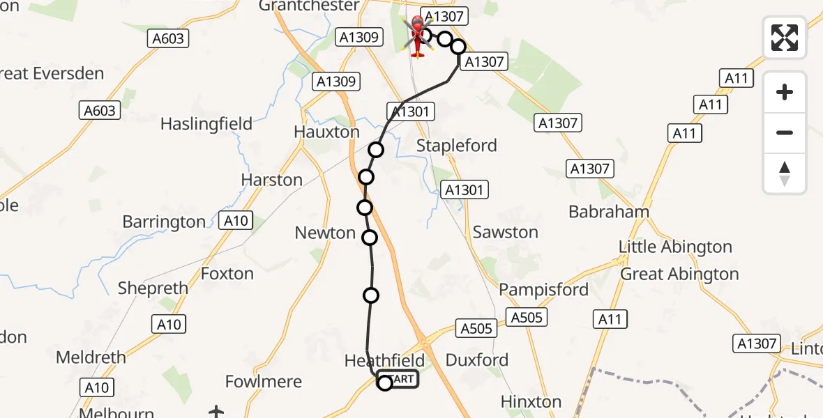 Flight route Air Ambulance Helicopter Duxford Aerodrome - Papworth Hospital, 26 September 2026, 16:18