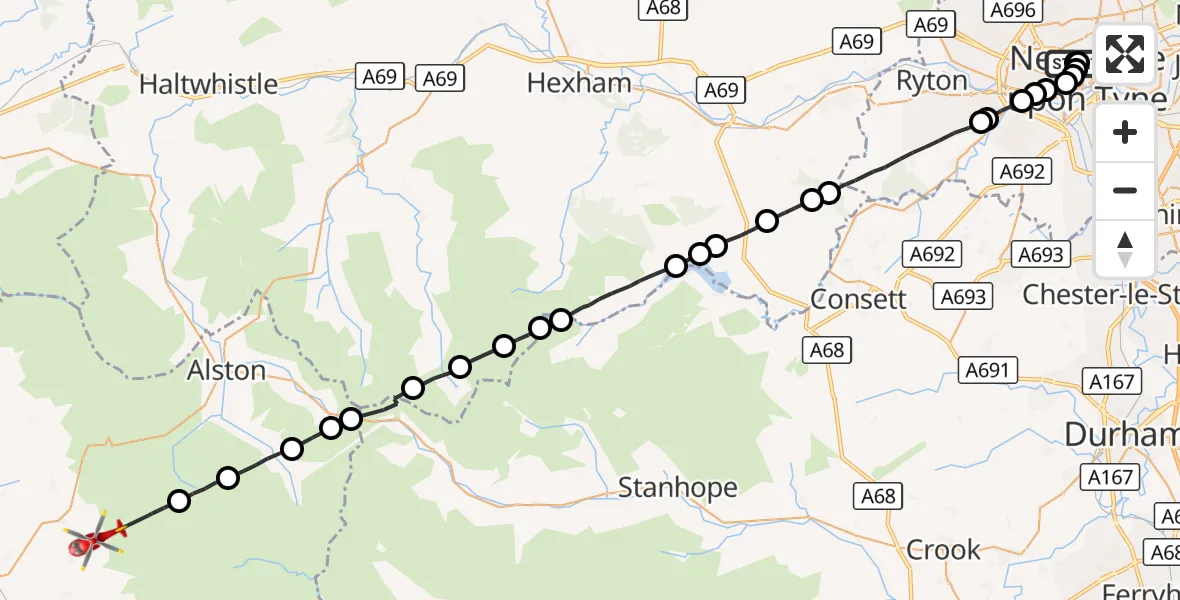 Flight route Air Ambulance Helicopter Newcastle Royal Victoria Infirmary - Ousby, 26 September 2026, 16:19