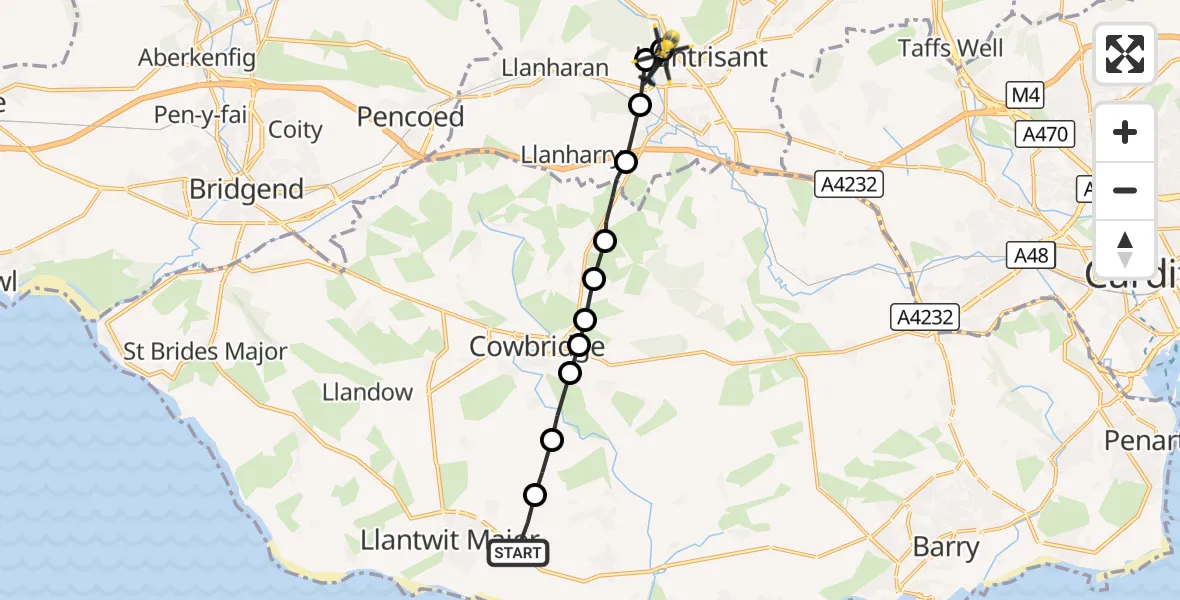 Flight route Police Helicopter Boverton - Llantrisant, 26 September 2026, 16:22
