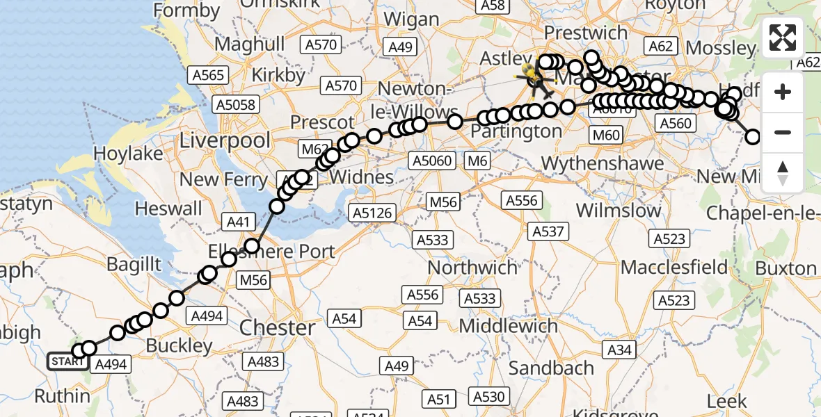 Flight route Police Helicopter Gellifor - Manchester Barton Aerodrome, 26 September 2026, 16:26
