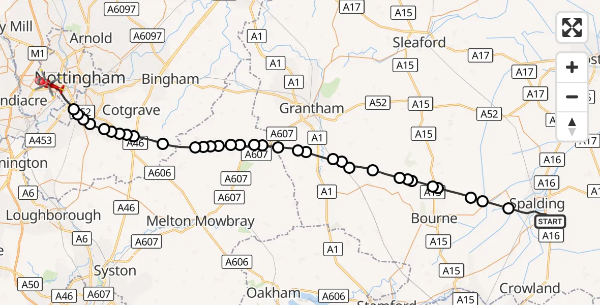 Flight route Air Ambulance Helicopter Spalding - City of Nottingham, 26 September 2026, 16:28