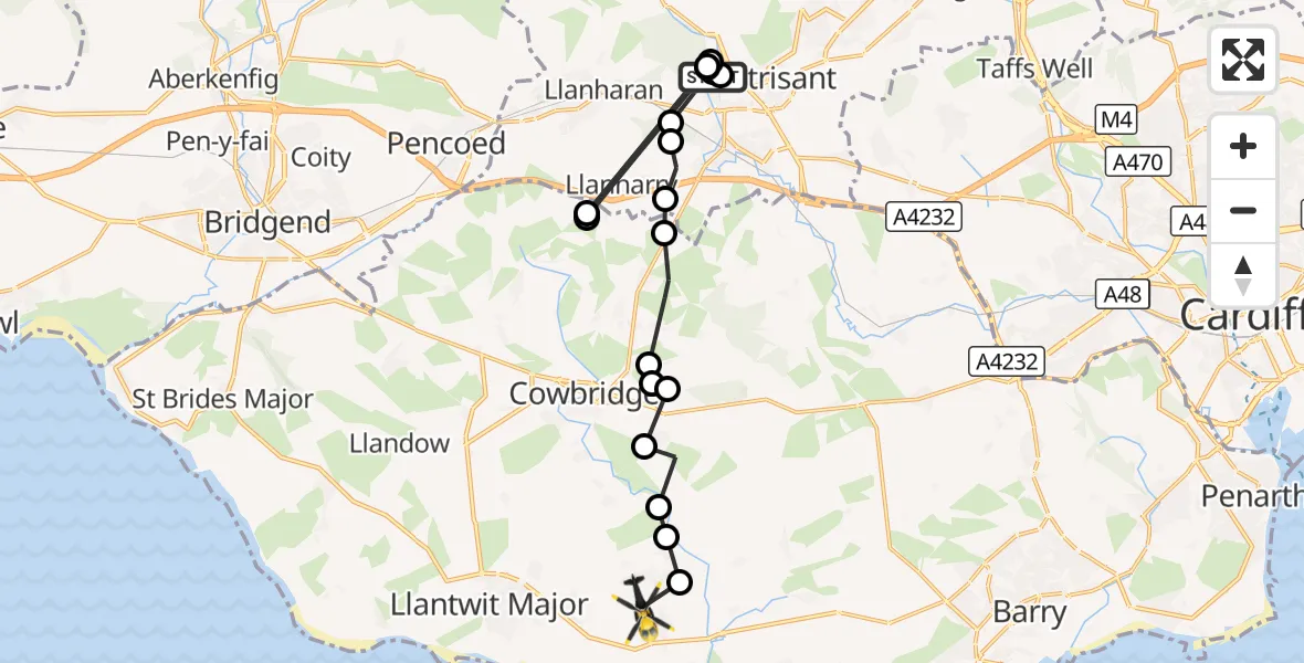 Flight route Police Helicopter Royal Glamorgan Hospital Heliport - MOD St Athan, 26 September 2026, 16:29