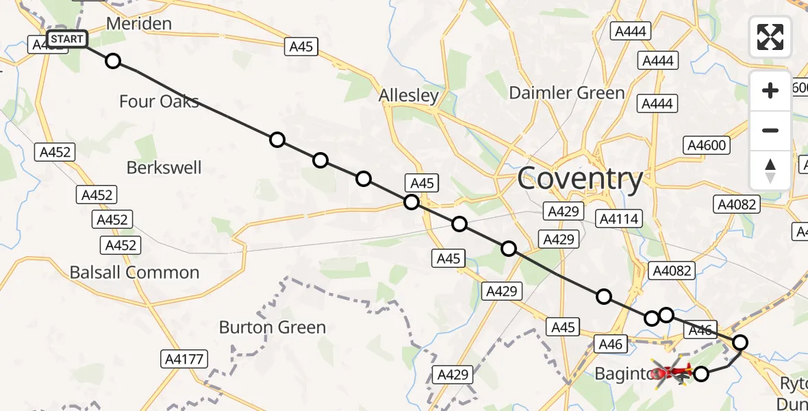 Flight route Air Ambulance Helicopter Solihull - Coventry Airport, 26 September 2026, 16:31