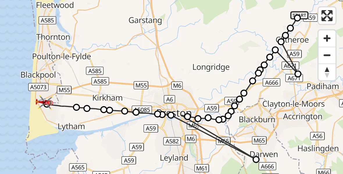 Flight route Air Ambulance Helicopter Grindleton - Blackpool Airport, 26 September 2026, 16:34