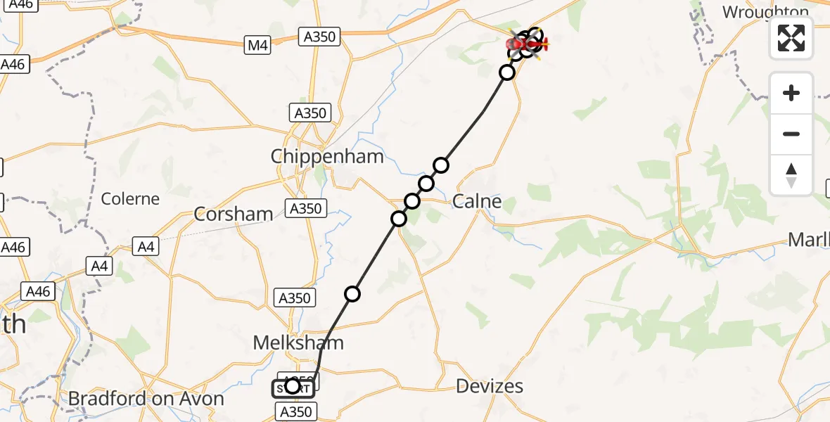 Flight route Air Ambulance Helicopter Wiltshire Air Ambulance - Lyneham, 26 September 2026, 16:36