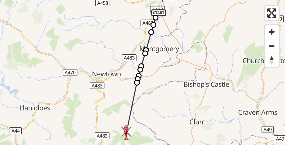 Flight route Air Ambulance Helicopter Welshpool Airport - Beguildy, 26 September 2026, 16:40