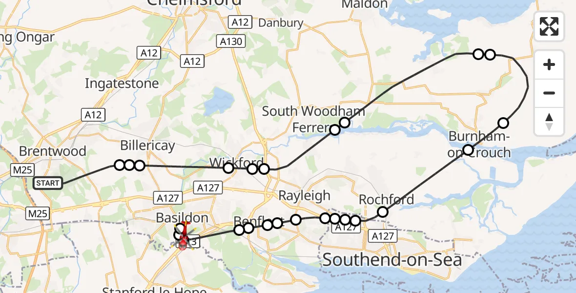 Flight route Air Ambulance Helicopter Brentwood - Basildon, 26 September 2026, 16:42