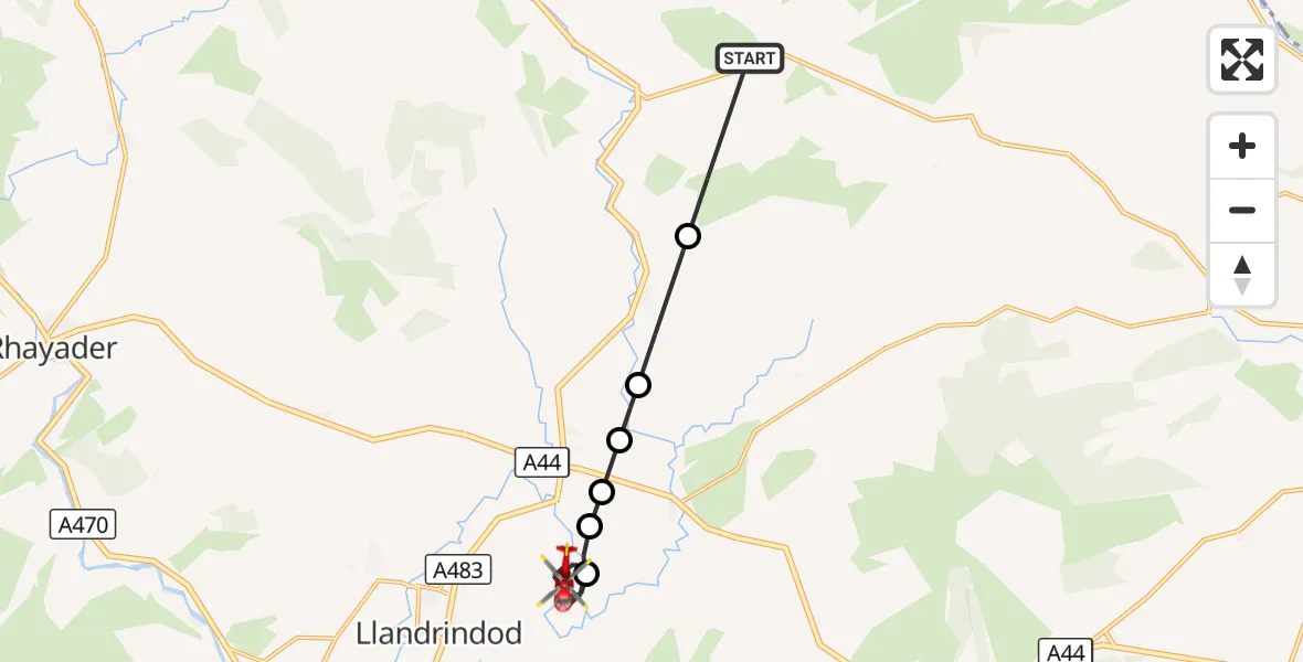 Flight route Air Ambulance Helicopter Llanbister - Penybont, 26 September 2026, 16:50