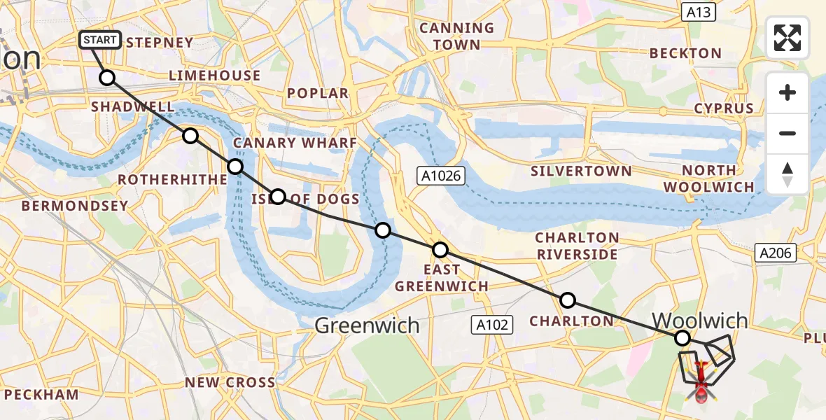 Flight route Air Ambulance Helicopter Royal London Hospital - Shooters Hill, 26 September 2026, 16:54