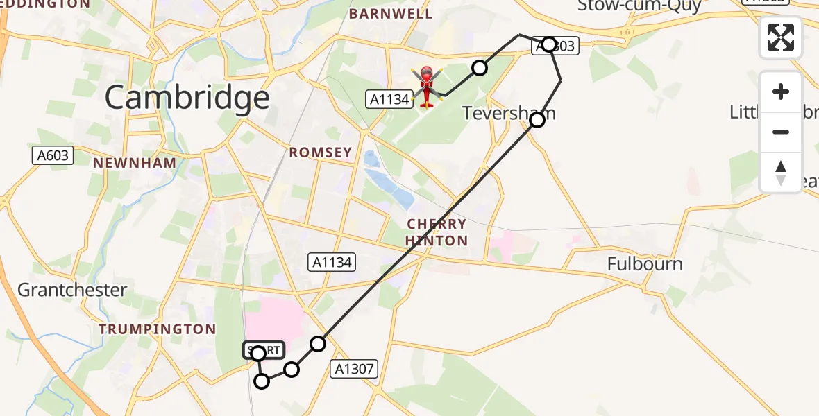 Flight route Air Ambulance Helicopter Papworth Hospital - Cambridge City Airport, 26 September 2026, 16:58