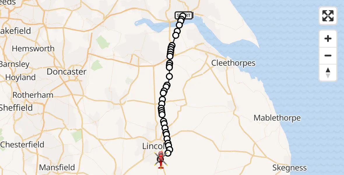 Flight route Air Ambulance Helicopter Hull Royal Infirmary - North Kesteven, 26 September 2026, 16:59