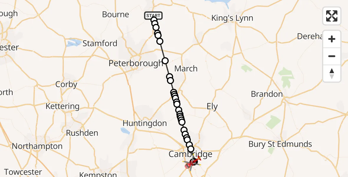 Flight route Air Ambulance Helicopter Spalding - Papworth Hospital, 26 September 2026, 17:06