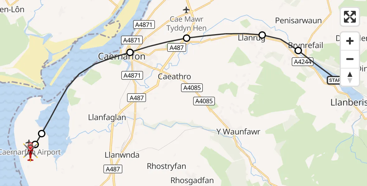 Flight route Air Ambulance Helicopter Llyn Padarn - Caernarfon Airport, 26 September 2026, 17:07