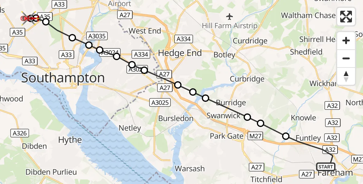 Flight route Air Ambulance Helicopter Fareham - University Hospital Southampton, 26 September 2026, 17:09