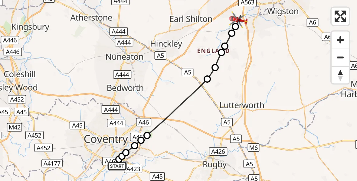 Flight route Air Ambulance Helicopter Coventry Airport - Narborough, 26 September 2026, 17:12