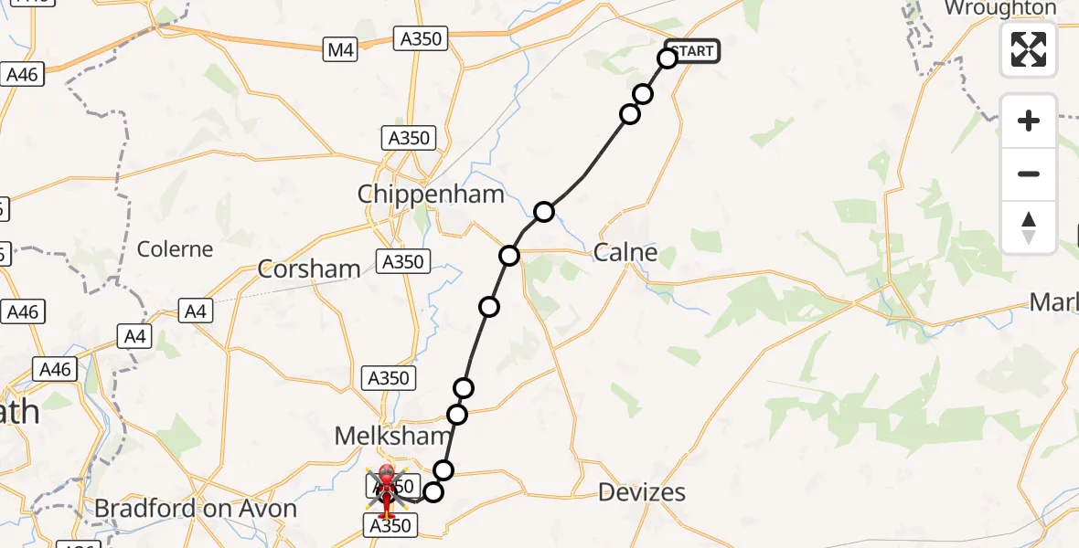 Flight route Air Ambulance Helicopter Lyneham - Wiltshire Air Ambulance, 26 September 2026, 17:14
