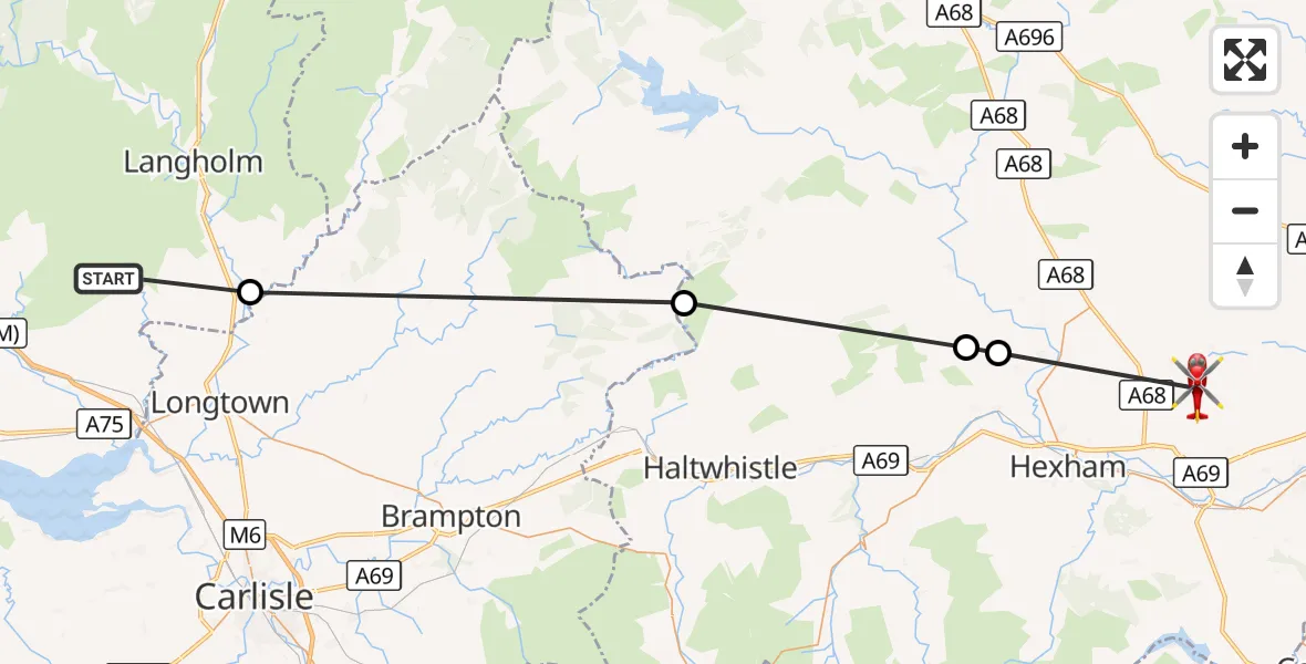 Flight route Air Ambulance Helicopter Dumfries and Galloway - Matfen, 26 September 2026, 17:16