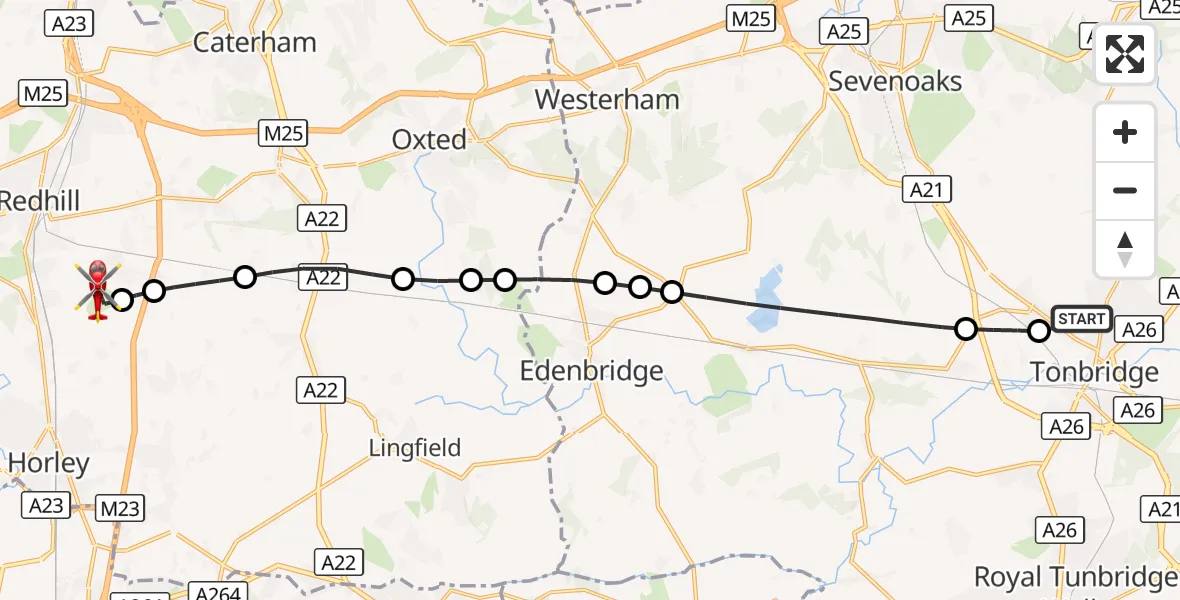 Flight route Air Ambulance Helicopter Tonbridge - Redhill Aerodrome, 26 September 2026, 17:22