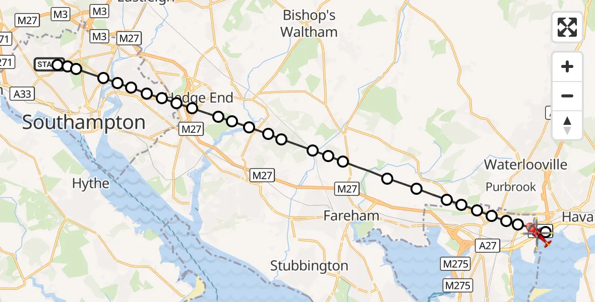 Flight route Air Ambulance Helicopter University Hospital Southampton - Havant, 26 September 2026, 17:22