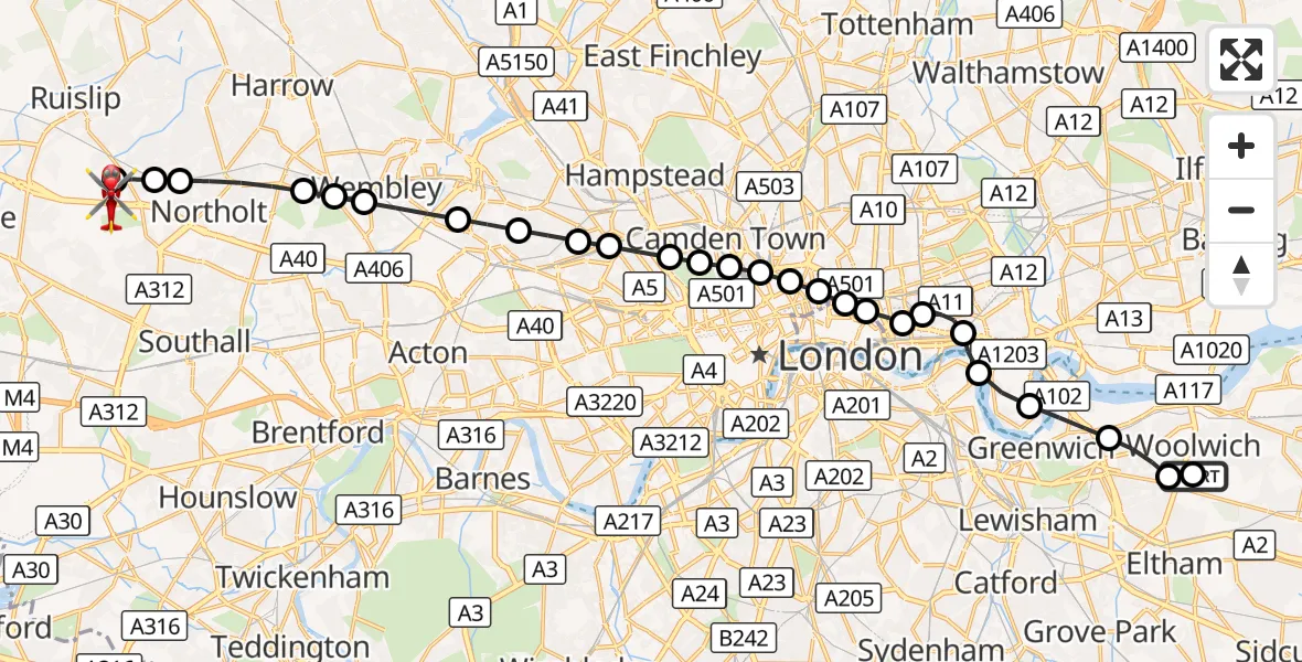 Flight route Air Ambulance Helicopter Shooters Hill - RAF Northolt, 26 September 2026, 17:26