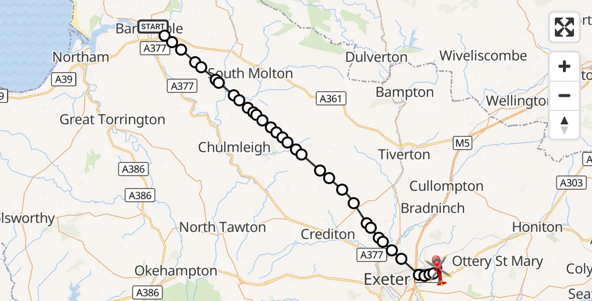 Flight route Air Ambulance Helicopter Barnstaple - Exeter International Airport, 26 September 2026, 17:28