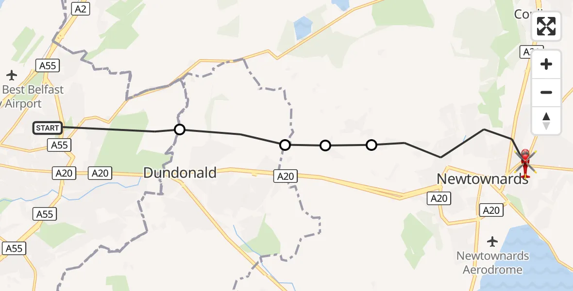 Flight route Air Ambulance Helicopter Belfast City District - Newtownards, 26 September 2026, 17:30