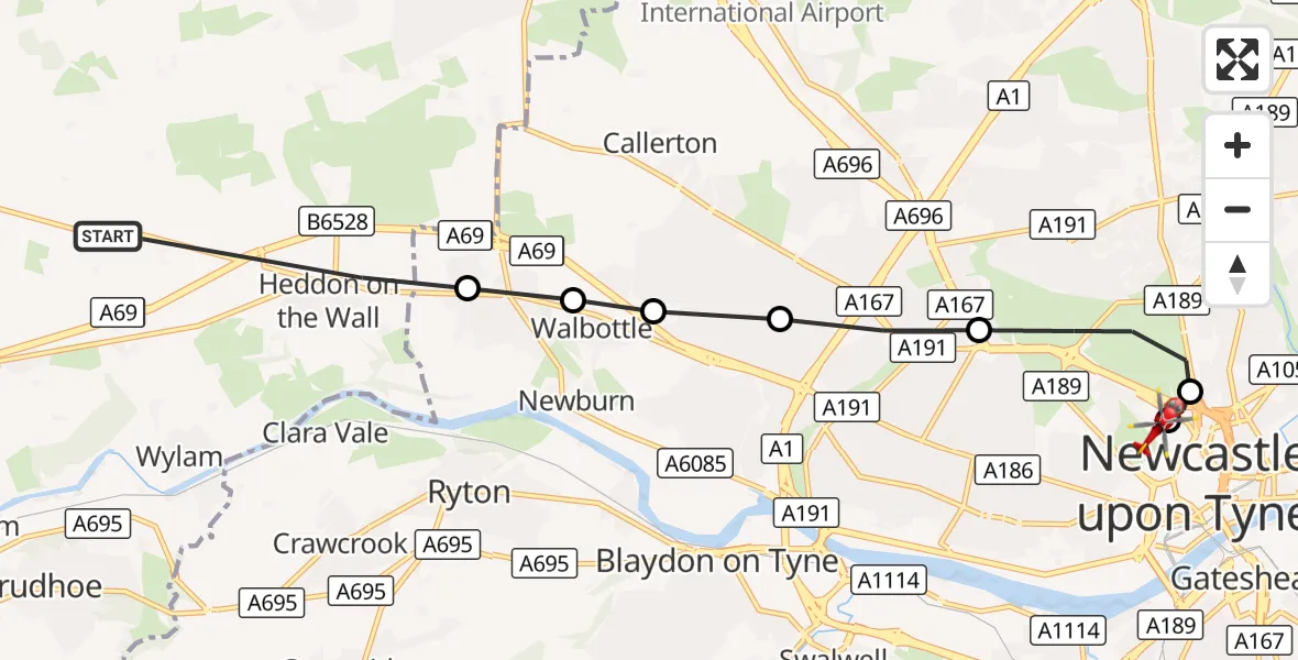 Flight route Air Ambulance Helicopter Heddon-on-the-Wall - Newcastle Royal Victoria Infirmary, 26 September 2026, 17:31